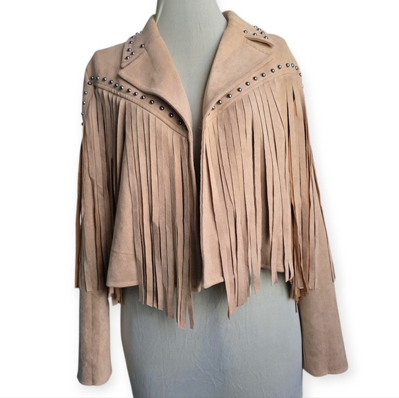 Blue B Collection Faux Suede Fringe Studded Cropped Jacket, Size Medium - Picture 4 of 13